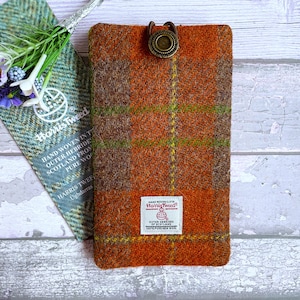 Cartera para teléfono Harris Tweed, en tweed a cuadros rojizos, diseñada para iPhone y teléfonos Android, hecha a medida, regalo para él
