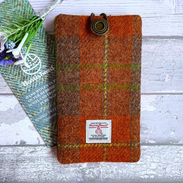 Harris Tweed Handytasche, in Russet Plaid Tweed, gemacht für iPhones und Android Handys, Maßgeschneidert, Geschenk für Ihn