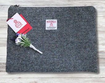 Harris Tweed Laptop Case, Slate Blue and Black Barleycorn Fleck with plain Slate Blue Back , Gift for Him