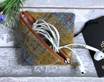 Harris Tweed Earbud Wallet, Beautiful Mustard and Sky Blue Plaid Tweed, Perfect for your Handbag or Pocket, Gift For Men and Women