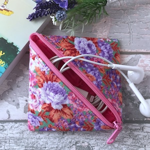 Earbud or Teabag Wallet, Pretty Pink and Lilac Floral Fabric, Gift for Grandma, Perfect for your Handbag