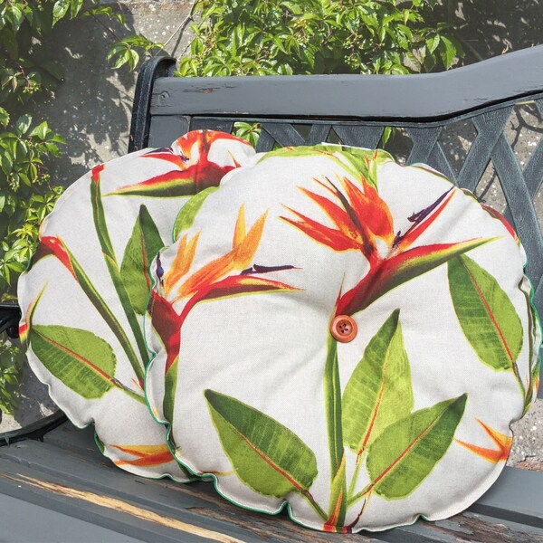 Pair of Round Cushions, Tropical Style Bird of Paradise Flower Fabric, For Bar Stools, Dining Chairs, Bistro Sets. Handmade to Order