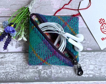 Handmade Harris Tweed Earbud Wallet, Heather, Pink, and Jade Tweed, Perfect for your Handbag or Pocket, Gift for Women