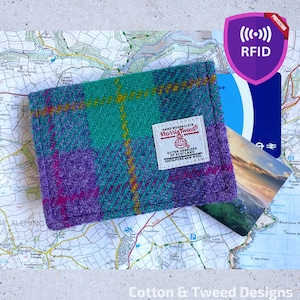 Handgemaakte kaartportemonnee met RIFD-bescherming, heide en jade geruite Harris Tweed, voor reiskaarten, bankkaarten, cadeau voor haar