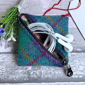 Handgefertigte Harris Tweed Ohrhörer Brieftasche, Heather, Pink, und Jade Tweed, perfekt für die Handtasche oder die Tasche, Geschenk für Frauen
