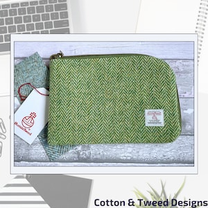 Borsa porta-cavi per laptop in Harris Tweed, tweed a spina di pesce verde prato e farina d'avena, regalo per papà