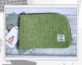 Harris Tweed Laptop Cable Bag, Lawn Green and Oatmeal Herringbone Tweed, Gift for Dad