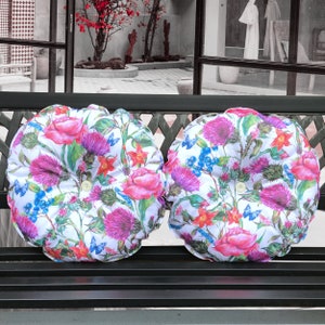 Pair of Handmade Round Seat Cushions, Purple, Pink and Lilac Floral Design, For Chairs and Barstools