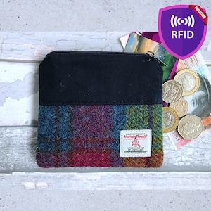 Harris Tweed-Geldbörse, Chartreuse, Kobaltblau und Claret-Karodesign, mit dunkelblauem Wildlederimitat, RFID-Futter