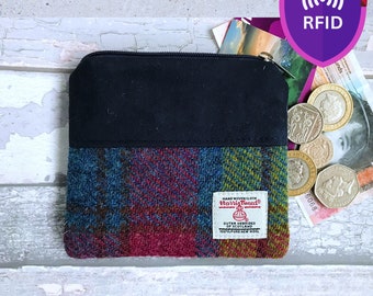 Harris Tweed Coin Purse, Chartreuse, Cobalt Blue, and Claret Plaid Design, with Navy Faux Suede, RFID lined