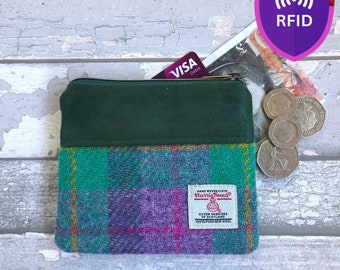 Harris Tweed Coin Purse, Heather, Pink, and Jade Plaid Design with Forest Green Suede Accent, RFID lined Gift For Her