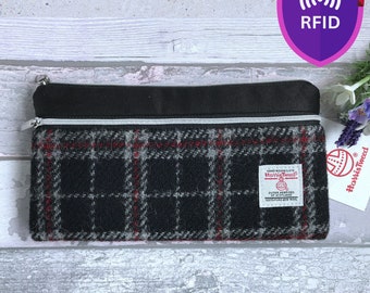 Handmade Harris Tweed Wallet, Black, Grey, and Claret Plaid Design, with Claret Faux Suede, RFID lined, Gift For Her