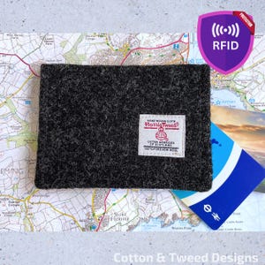 Handgemaakte kaartportemonnee met RIFD-bescherming, Charcoal Harris Tweed, voor reiskaarten, bankpasjes, cadeau voor hem