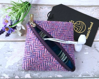 Handmade Harris Tweed Earbud Wallet, Beautiful Cerise and Lilac Herringbone Tweed, Perfect for your Handbag or Pocket, Gift For Women