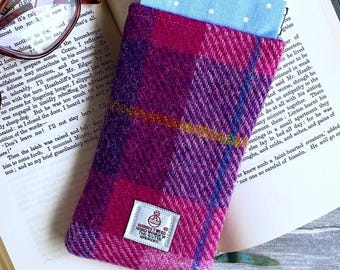 Harris Tweed Glasses  Case, in Pink and Purple Plaid with Flex Closure,  Gift for Her