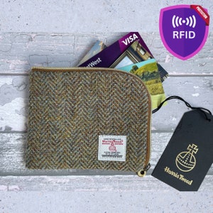 Portafoglio da uomo fatto a mano con protezione RFID, in tweed a spina di pesce marrone zenzero e azzurro cielo, regalo elegante per lui