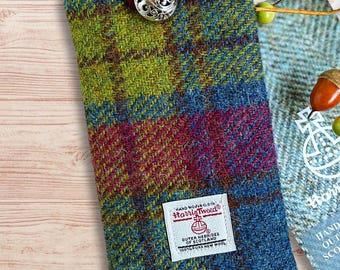 Custodia per cellulare in Harris Tweed scozzese bordeaux, chartreuse e blu cobalto - iPhone o telefono Android realizzata su misura per adattarsi