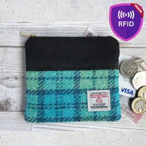 Handgefertigte Harris Tweed Geldbörse, Atemberaubender Türkis, Mint und Navy karierter Tweed, RFID gefüttert, Geschenk für Sie