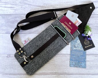 Travel Document Sling in Classy Grey and Black Harris Tweed, Secure Sling Bag, Unisex Gift for Traveller