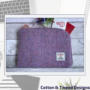 Borsa per cavi per laptop in Harris Tweed, custodia in tweed a spina di pesce color mélange e rosa, regalo per lei