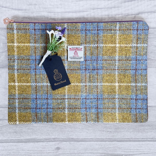 Handmade Harris Tweed Laptop Case, Shades of Mustard and Sky Blue Plaid, Custom Made to Fit Your Laptop, New Job Gift