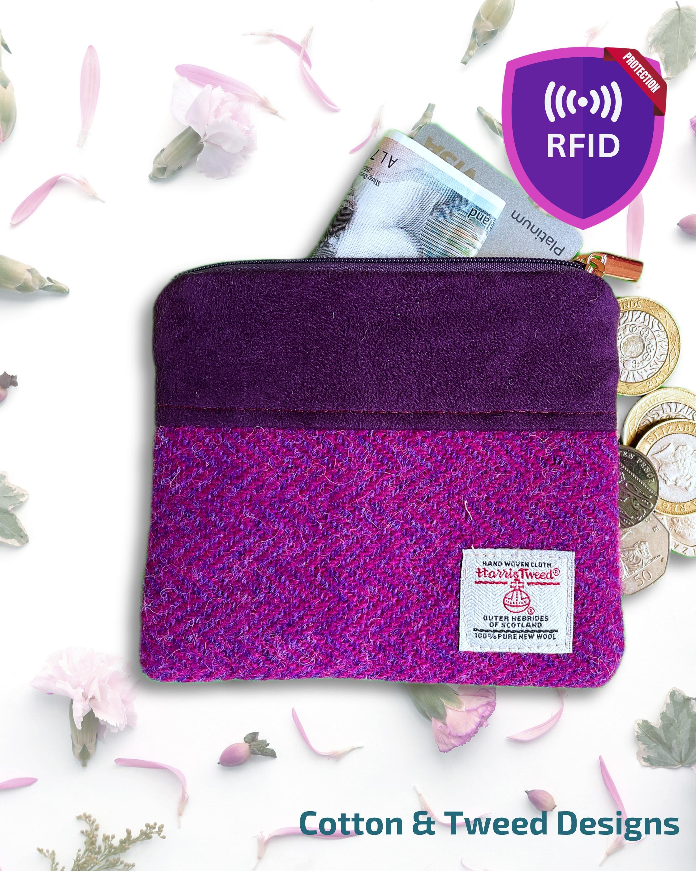 Harris Tweed Coin Purse, Multi Barleycorn Stripes in Bright Cerise and Purple Tweed, and Black Faux Suede,,, RFID lined Gift For Her