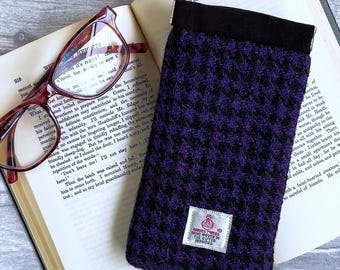 Ladies Glasses Case, Purple and Black Houndstooth Check Harris Tweed, Protect your Glasses, Gift for  Her