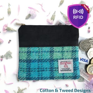 Monedero Harris Tweed hecho a mano, impresionante tweed a cuadros turquesa, menta y azul marino, forro RFID, regalo para ella