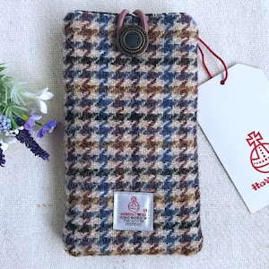 IPhone Mini Wallet, Peat Brown, Petrol Blue & Beige Houndstooth Check Harris Tweed, Gift for Him