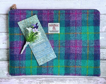 Harris Tweed Laptop Case, Handmade in a Plain Heather Tweed with Shades of Lilac, Jade & Blue Plaid, Gift For Her