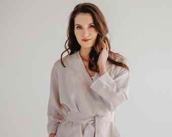 Linen Kimono Robe in Beige Savanna