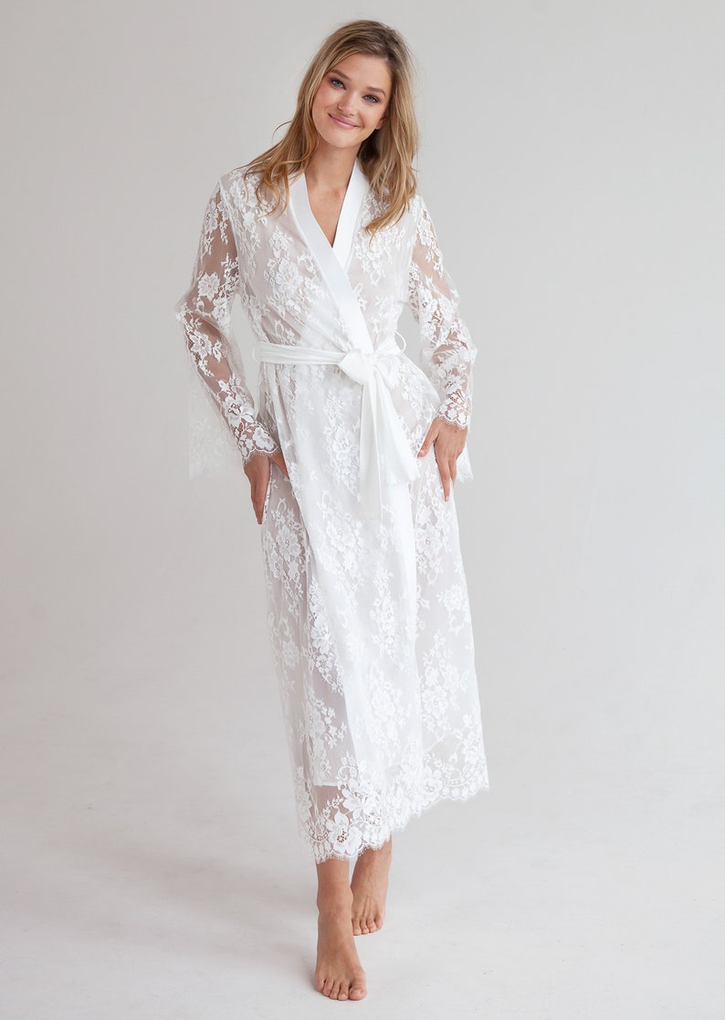 Luxurious Ivory Lace Robe Margaret with Chiffon Lining,Bridal Lingerie Wedding Lingerie Bridal Sleepwear Getting Ready Robe image 2