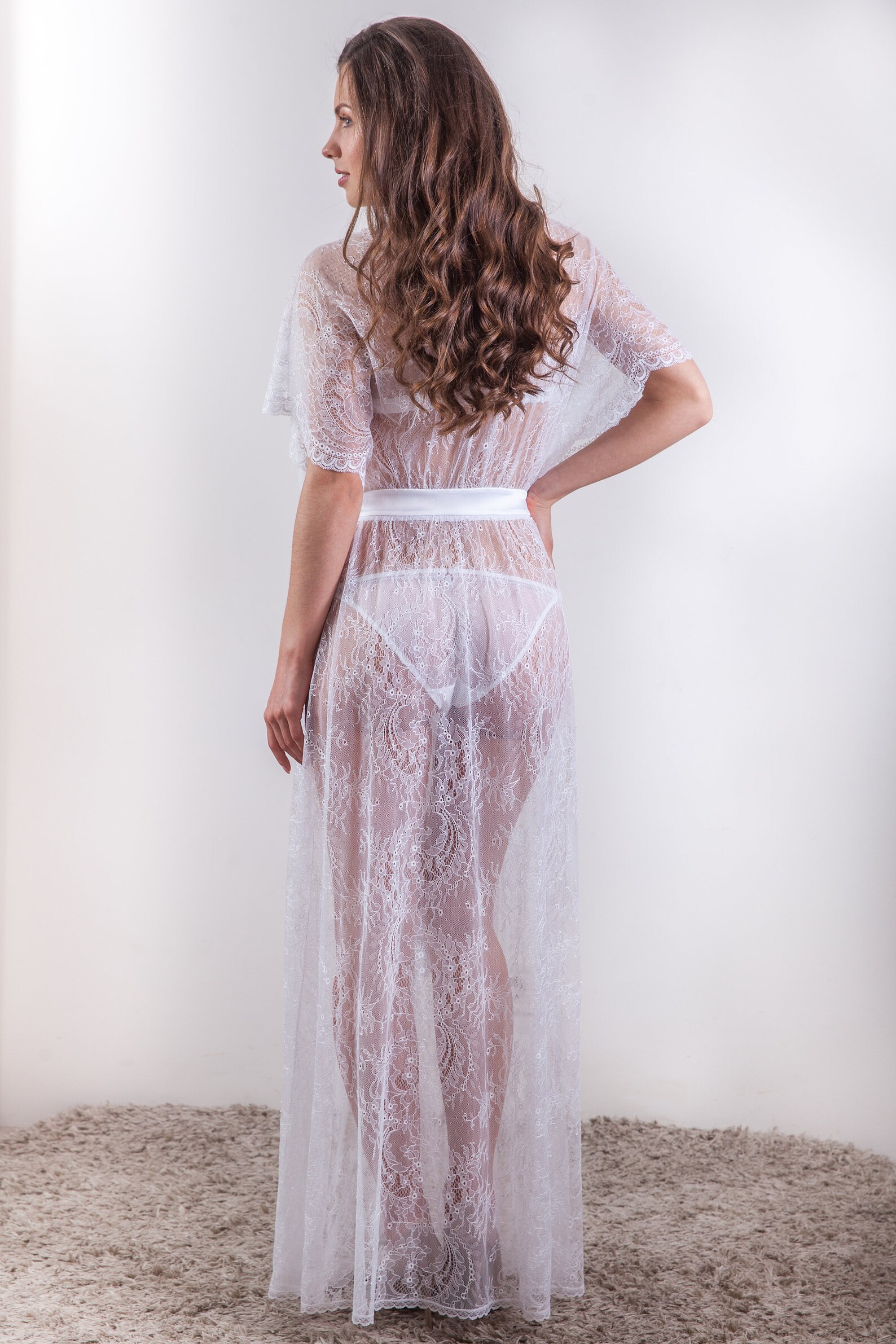 Chantilly Floral Lace Long Robe Set with Train - Next Day Shipping