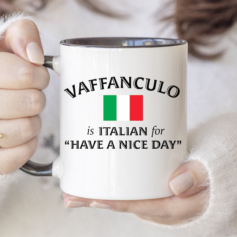 May include: White ceramic mug with a black rim and handle. The mug features a black and white graphic with the text "VAFFANCULO is ITALIAN for "HAVE A NICE DAY"" and an image of the Italian flag.