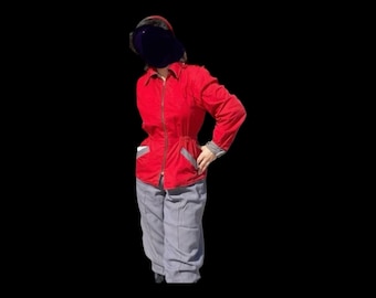 1940s Vintage Red and Grey Reversible Ski Suit with pockets size M