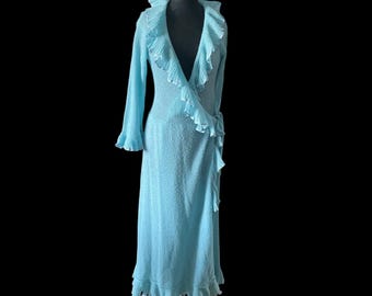 1930s Light Blue Knitted Wool Bed Coat Boudoir Robe Flounced Satin Trim