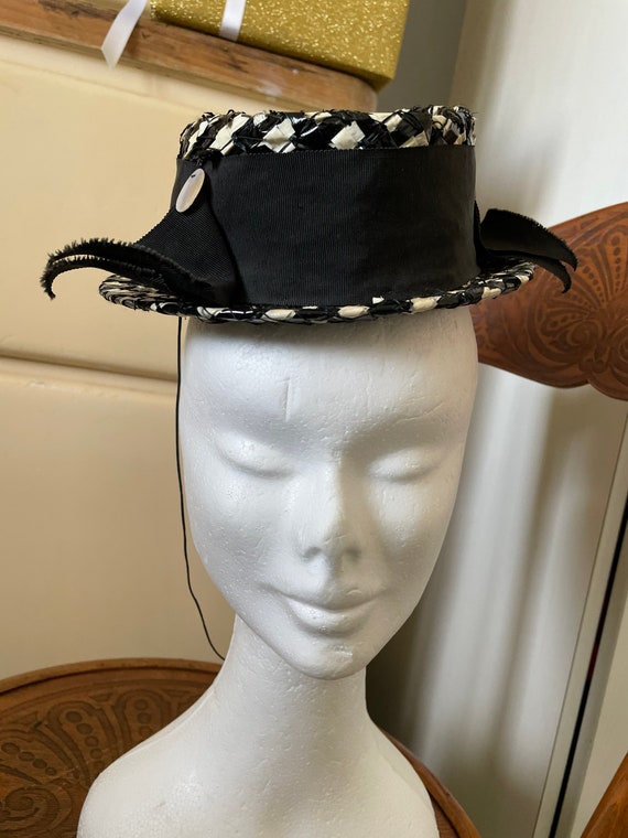1940s vintage black and white tilt hat bast by  R… - image 2