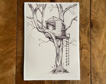 Boomhut met Rope Ladder zwart-witte fineliner tekening giclée print