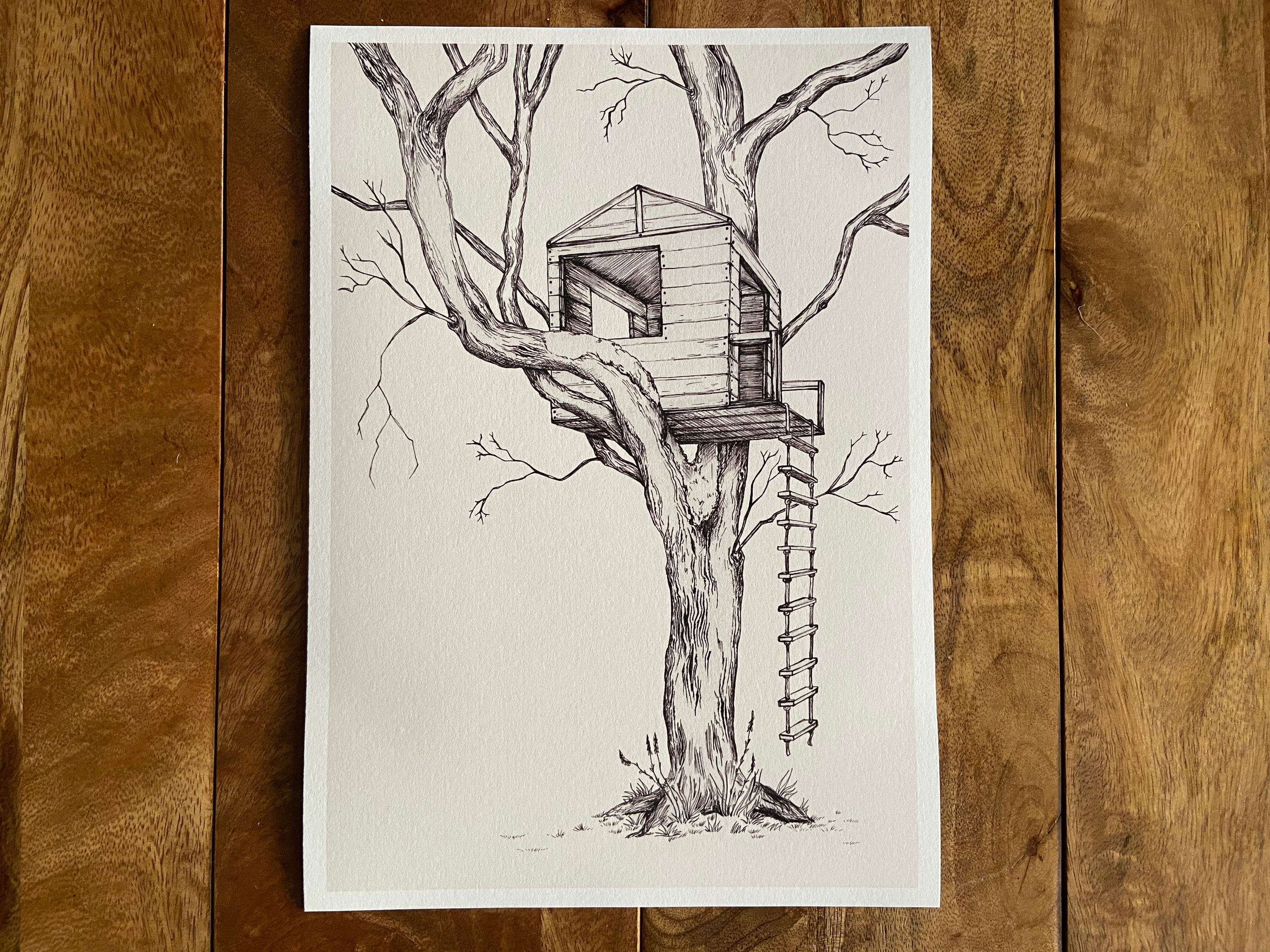 Tree House with Rope Ladder black and white fineliner drawing giclée print