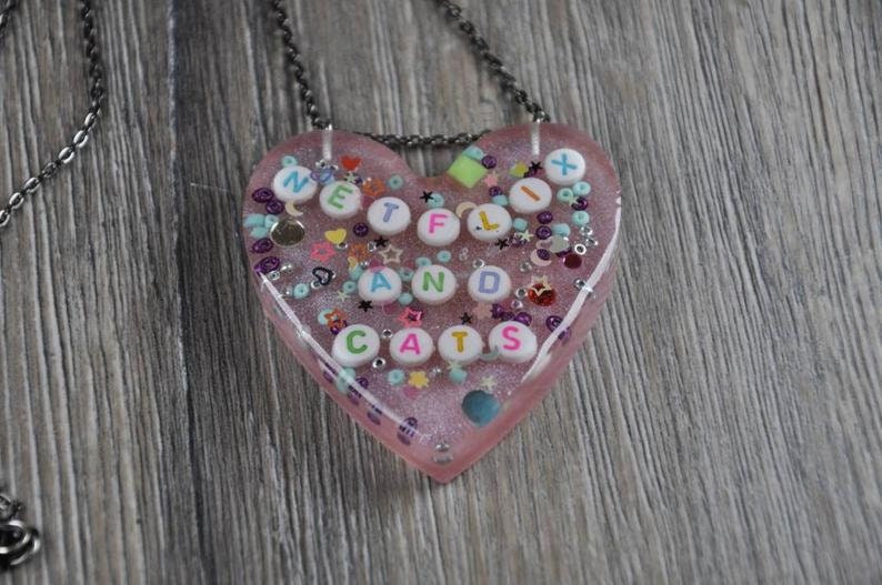 Handmade kawaii epoxy resin heart necklaces.