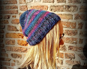 Beautiful handmade knitted hat | Slouchy hat for women | Stoner hat | Warm winter accessories | Blue purple yarn | Women accessories