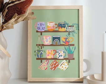 Sage Green Kitchen Art Prints | Colourful Home Decor | Kitchen Wall Decor | A collection of Mugs | A5 A4 A3 A2 Prints | Eclectic Kitsch