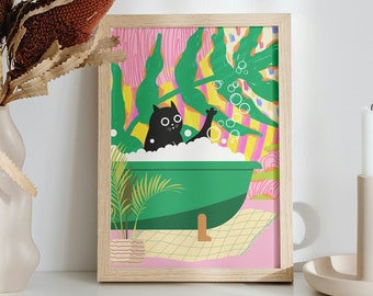 Black Cat in the Bath Art Print, Pink Bathroom Art Prints, Funny Posters in size A6 A5 A4 A3, Tropical Plants, Funny Cat Gifts, Maximalist
