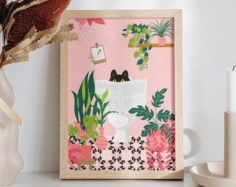 Black Cat on the Toilet Art Print, Pink Bathroom Art Prints, Funny Posters in size A6 A5 A4 A3, Cat reading a news paper, Tropical Plants