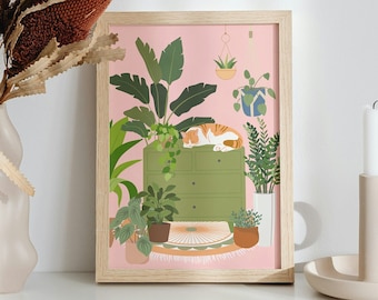 Botanical Art Print with an Orange Cat | House Plant Print in Pink | Orange Tabby Cat Gift | Wall Art Print | In size A5 A4 A3 | Handmade