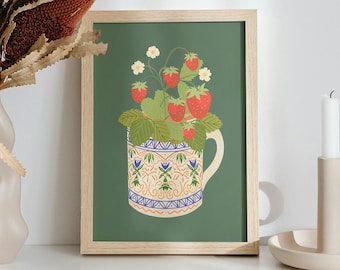 Forest Green Art Prints, Strawberry Plant in a mug, Dark Green Home Decor, Eclectic wall Art, in size A6 A5 A4 and A3, Handmade in the UK