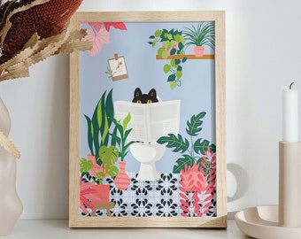 Black Cat on the Toilet Art Print, Blue Bathroom Art Prints, Funny Posters in size A6 A5 A4 A3, Cat reading a news paper, Tropical Plants