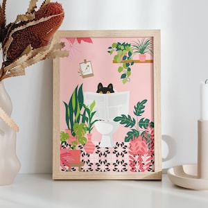 Black Cat on the Toilet Art Print, Pink Bathroom Art Prints, Funny Posters in size A6 A5 A4 A3, Cat reading a news paper, Tropical Plants