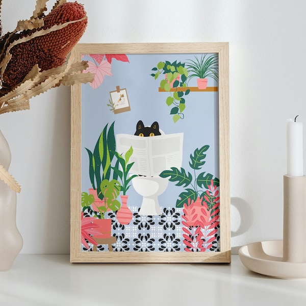 Impression d'art chat noir sur les toilettes, impressions d'art bleues pour salle de bain, affiches amusantes au format A6 A5 A4 A3, chat lisant un journal, plantes tropicales