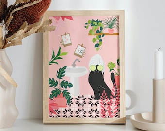 Black Cat Bathroom Art Print, Pink Bathroom Prints, Funny Posters in size A6 A5 A4 A3, Cat at the Spa, Tropical Plants